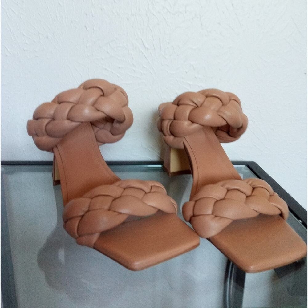 Marc Fisher leather Sandals braided strap size 8.5 Nude Neutral Brown Heels NWT‎